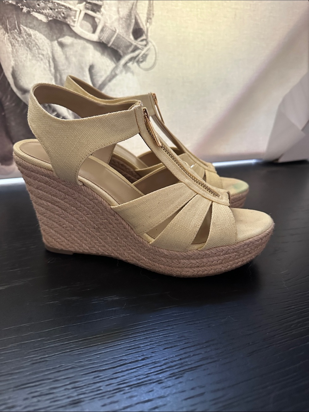 Michael Kors soft yellow Canvas Espadrille Wedge Sandals with Front Zip
